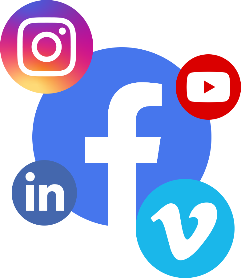 logos Facebook, Linkedln, Youtube, Instagram, Vimeo